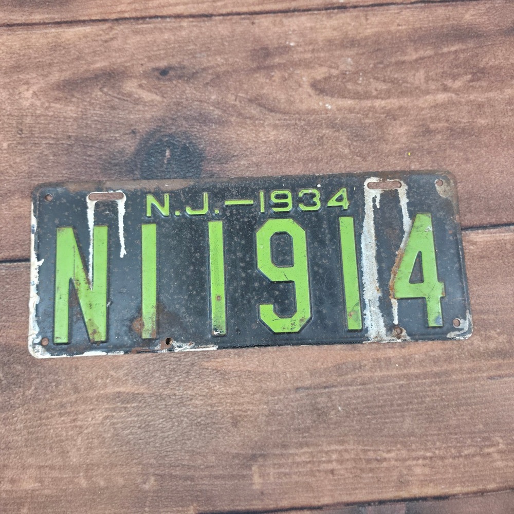 New Jersey License Plate 1934 OS Black Green Good Vintage NI 1914 Metal